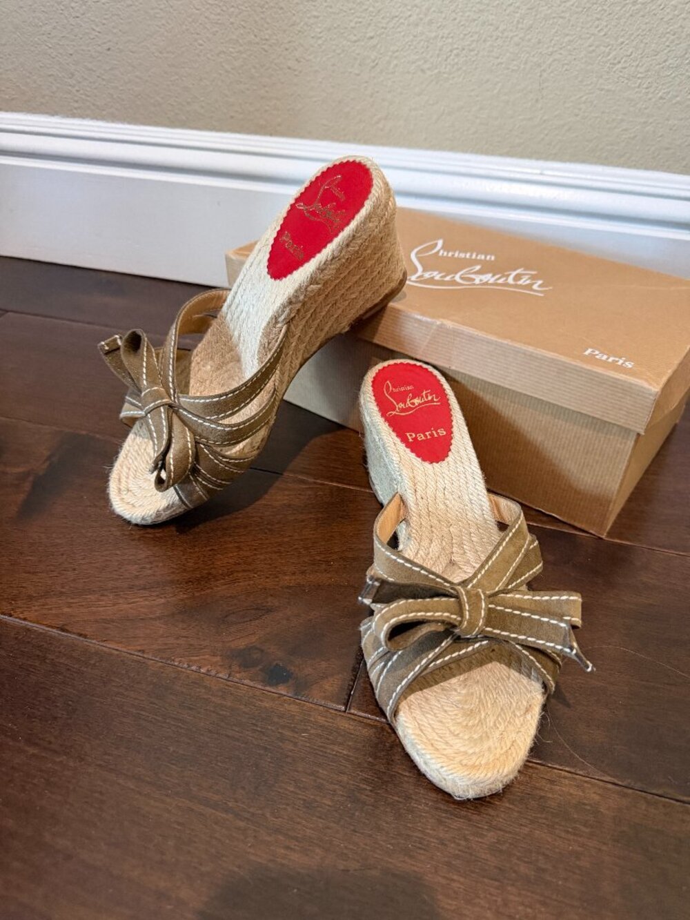 Christian Louboutin Tiburon Natural Strappy Wedge Heels Sandals Size 8